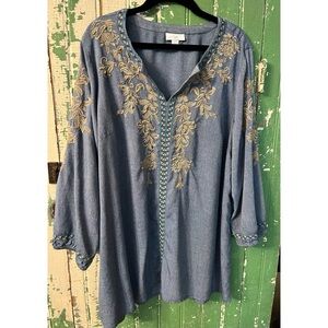 J Jill Embroidered Denim look Tunic Size Medium